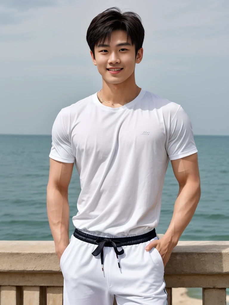 独奏: 1.5, (As a matter of fact, Masterpiece, 8k HD, good light quality, sportswear, fit the face, complicated details), A handsome Korean young man with muscular arms. , 20 years old, be happy, smile brightly, detailed face, delicate eyes, look at the sky, Wear a tight white t-shirt.:1.6, Long pants, period, black eyes, Black hair color, ผมsmooth, smooth, outdoor sports, By the sea, nighttime,Surreal,Awesome details,Highest quality,real,Open your mouth to talk. , Close your eyes.,Standing on the edge of the market