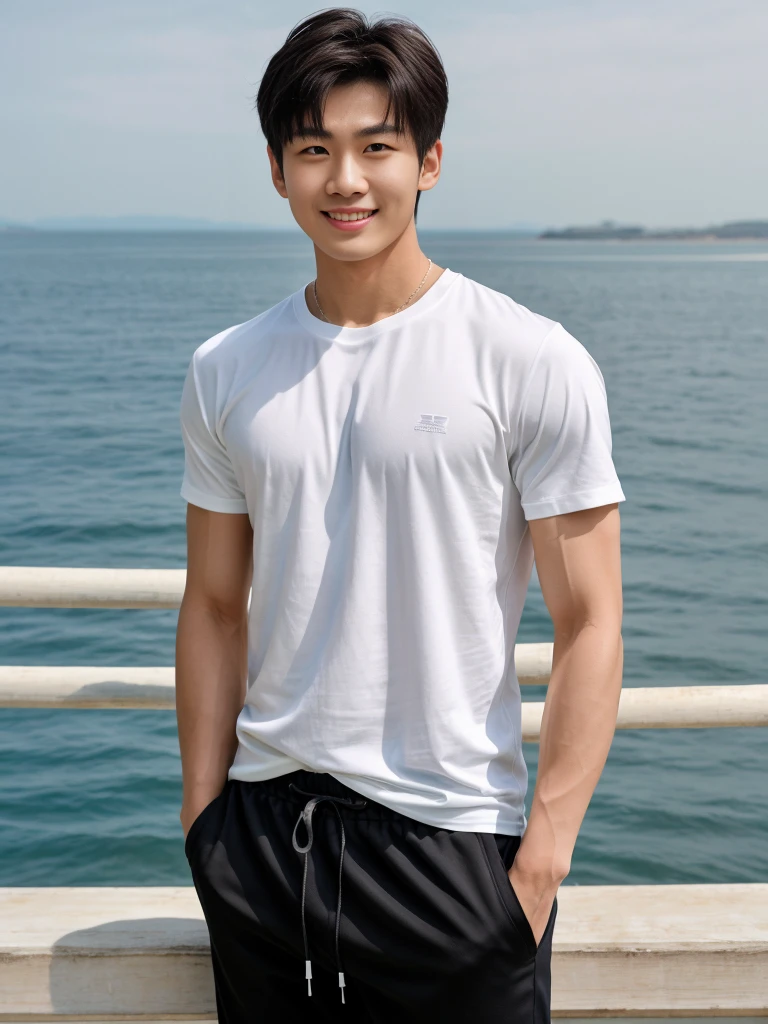 独奏: 1.5, (As a matter of fact, Masterpiece, 8k HD, good light quality, sportswear, fit the face, complicated details), A handsome Korean young man with muscular arms. , 20 years old, be happy, smile brightly, detailed face, delicate eyes, look at the sky, Wear a tight white t-shirt.:1.6, Long pants, period, black eyes, Black hair color, ผมsmooth, smooth, outdoor sports, By the sea, nighttime,Surreal,Awesome details,Highest quality,real,Open your mouth to talk. , Close your eyes.,Standing on the edge of the market