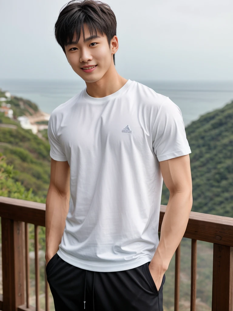 独奏: 1.5, (As a matter of fact, Masterpiece, 8k HD, good light quality, sportswear, fit the face, complicated details), A handsome Korean young man with muscular arms. , 20 years old, be happy, smile brightly, detailed face, delicate eyes, look at the sky, Wear a tight white t-shirt.:1.6, Long pants, period, black eyes, Black hair color, ผมsmooth, smooth, outdoor sports, By the sea, nighttime，Surreal，Awesome details，Highest quality，real，Open your mouth to talk. , Close your eyes.,Standing on the edge of the market 