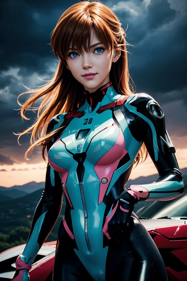 Evangelion,Asuka Langley,blue eyes,Plug Suit,Bodysuits,Interface Headset,赤いBodysuits,Ultra HD,super high quality,masterpiece,Digital SLR,Photorealistic,Detailed details,Vivid details,Depicted in detail,A detailed face,Detailed details,Super Detail,Realistic skin texture,Anatomical basis,Perfect Anatomy,Anatomically correct hand,Anatomically correct fingers,Complex 3D rendering,Sexy pose,Rainy Sky,Beautiful scenery,Fantastic rainy sky,Picturesque,Pink Lips,smile,