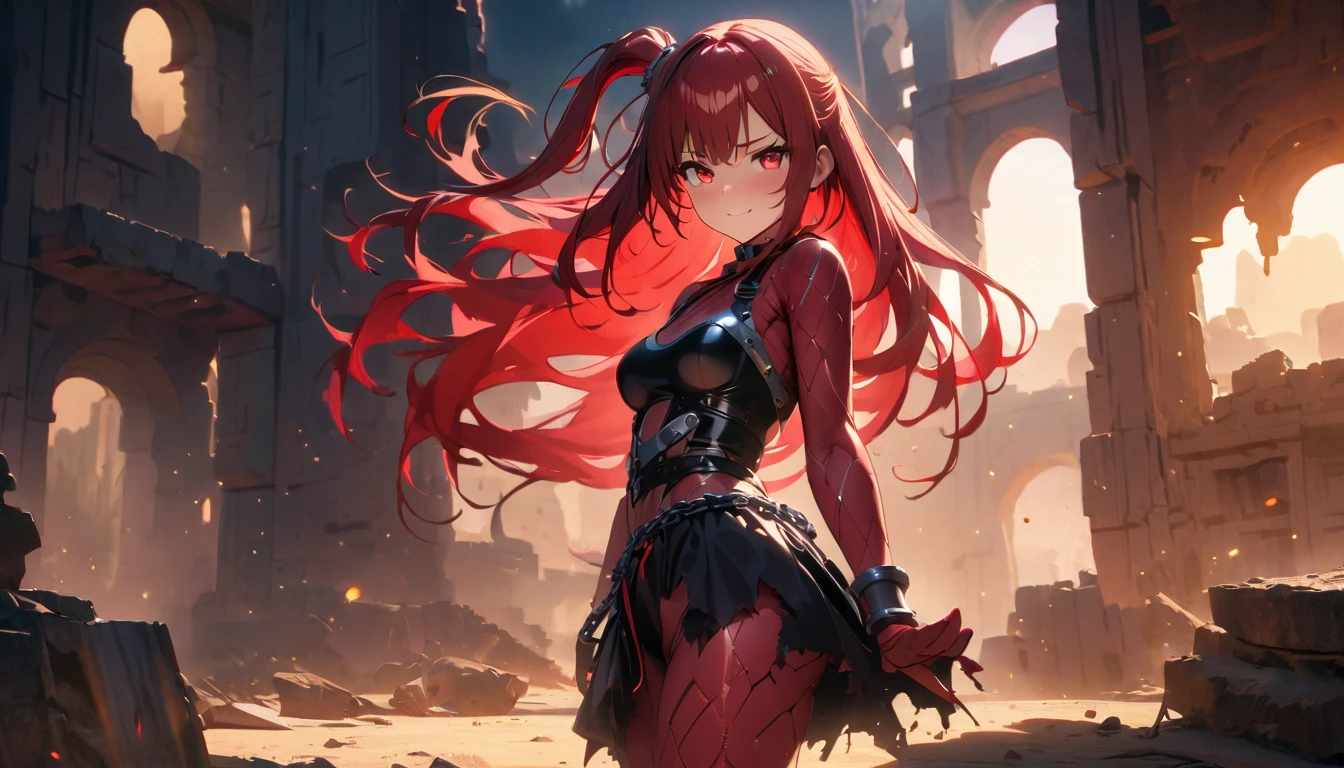 masterpiece, Best quality, 1 girl, Morgiana slave, cowboy shot, torn dress, filthy, Red eyes, one side up, Red hair, chains, desert ruins, Desert background, sand, disgust, Looking at the viewer, bottom view,  Looking at the viewer, smile, ., High view, particles and hard light, cut corner. depth of field、natural soft light、professional lighting、aboutтличная smile、(highly detailed skin: 1.2)、Photorealistic render of an anime girl、Bright highlights of the eyes、Ideal Anatomy、、permission 8k、complex parts、Toned waist、Wide buttocks、Эффект Тиндаллаmasuter piece、top quality、Highest standards、Highest image quality、table、complex parts、A high resolution、depth of field、natural soft light、professional lighting、about, standing, very long hair, cowboy shot, brilliant, brilliant hair, (night:1.2),Dreamy, [[gentle fingers and hands:0.55]::0.85],(detailed fingers),),(emotional),(breathtaking),(main part:1.2) whole body.), (Anime Style), (Super Detailed), (brutal), (uhd, HDR), (8K), (High Resolution: 1.2), (Complex and Beautiful: 1.2)