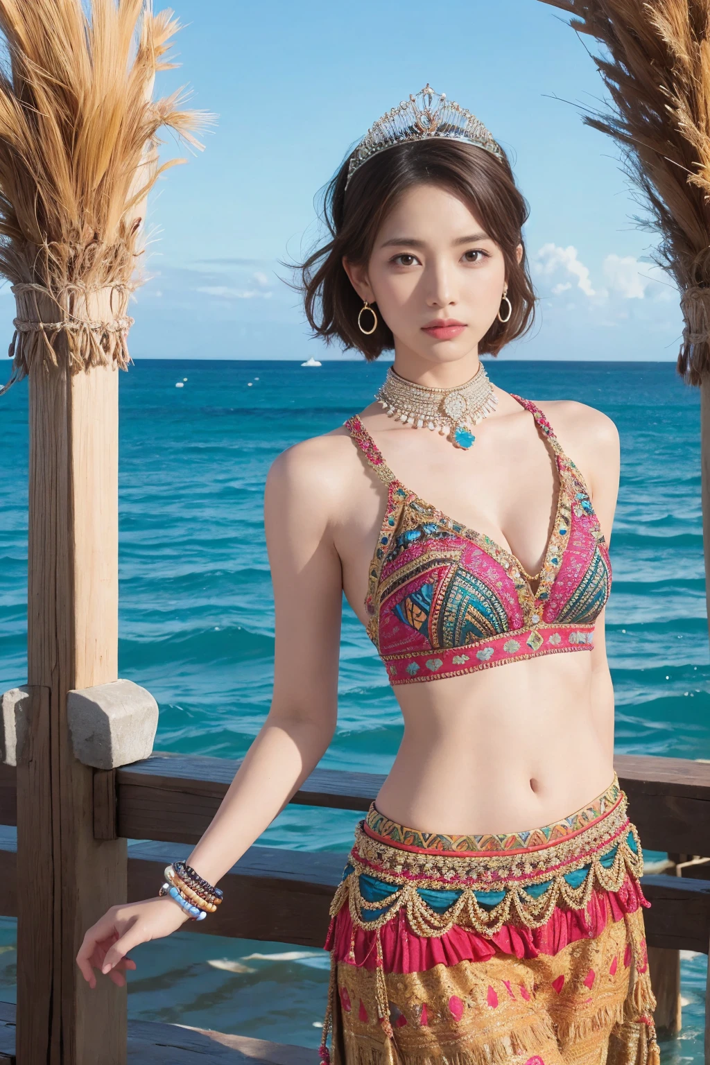 (One woman), short bob, 28 years old, Japanese, brown eyes, brown hair, slim figure, flat chest, flushed, flushed cheeks, flushed face
Break
BREAK
//Fashions
Tribal Beach Queen in Beaded Top and Maxi Skirt
This outfit features a beautifully beaded top with intricate tribal patterns in vibrant colors, The top is designed with a halter neckline and detailed beadwork that forms traditional motifs, creating an eye-catching focal point, It is paired with a flowing maxi skirt made of lightweight fabric in a complementary color, with subtle tribal prints running along the hem,
BREAK
The skirt has a slight flare and an elegant drape that adds to the regal appearance, The ensemble is adorned with a magnificent tribal crown crafted from feathers, beads, and natural elements, symbolizing the queen's status,
BREAK
Accessories include layered necklaces, chunky bracelets, and ornate earrings, all featuring tribal designs, The look is completed with strappy sandals and a decorated pouch, embodying the elegance and majesty of a tribal beach queen,
BREAK