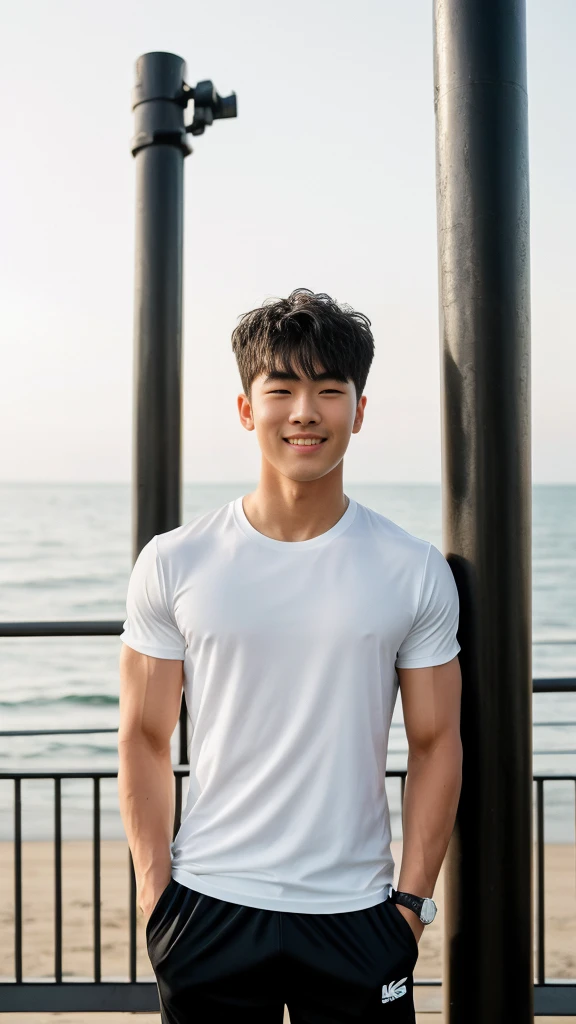 独奏: 1.5, (As a matter of fact, Masterpiece, 8k HD, good light quality, sportswear, fit the face, complicated details), A handsome Korean young man with muscular arms. , 20 years old, be happy, smile brightly, detailed face, delicate eyes, look at the sky, Wear a tight white t-shirt.:1.6, Long pants, period, black eyes, Black hair color, ผมsmooth, smooth, outdoor sports, By the sea, nighttime，Surreal，Awesome details，Highest quality，real，Open your mouth to talk. , Close your eyes.,Standing on the edge of the market 