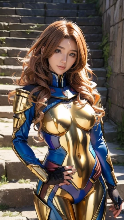 best quality, official art, masterpiece, textile shading, HDR, very detailed, colorful, best details, fantasy, battle suit, Yuki Mori:1.5, 1 female, 25 years old, gold hair, long hair, curly hair, best quality, official art, masterpiece, textile shading, HDR, very detailed, colorful, best details, fantasy, battle suit,1 female, 25 years old, standing on stairs, a castle town with an old castle view, sunny, random hair, big breast, skinny, Surrounded by a large crowd:1.9, Confetti flutters, Blessed, Being welcomed:1.5, cameltoe:1.3, ground level shot:,