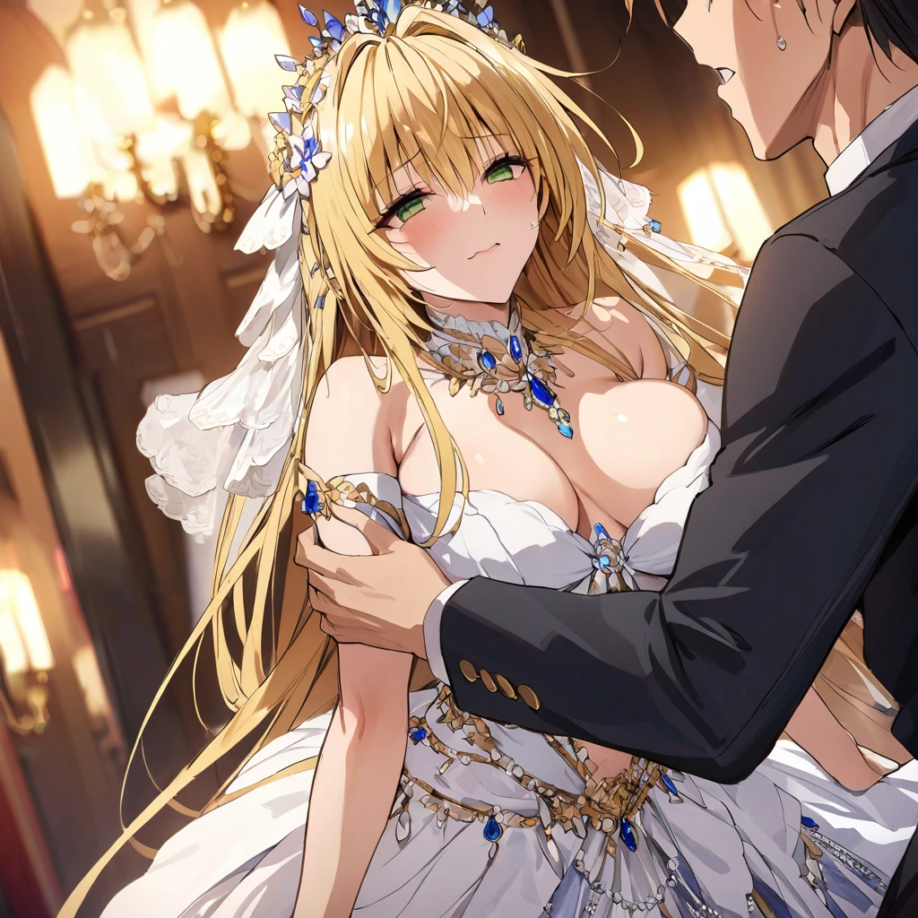((Highest quality)), ((masterpiece)), (detailed), (Perfect Face)、The woman is Tiare, Has green eyes, medium length blonde hair, Wearing an engagement ring.、The woman is wearing a gorgeous and dazzling Victorian princess dress, Gorgeous see-through cape and sequined skirt, Gorgeous jeweled headdress chain, Gorgeous gemstone earrings、 by a butler、Cream
