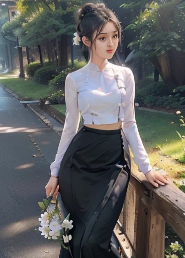 photorealistic, high resolution, masterpiec e best quality ultra-detailed, 1women. (m edium breast), hair bun, jesmine flower o n the head, mature female, solo, hips up, (wearing acmmsayarma outfit, acmmsaya rma white top with buttons, long sleeves), ((acmmsayarma black long skirt) ((full body))