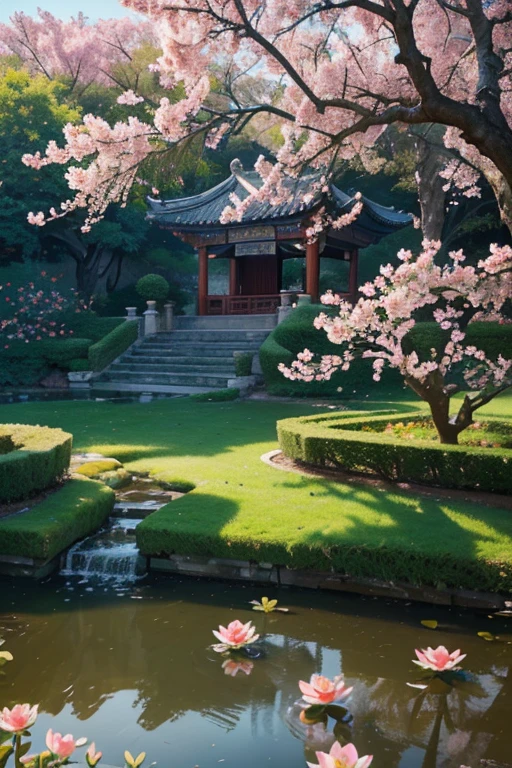 A beautiful detailed peach blossom garden in ancient China, lush peach trees in full bloom, intricate stone bridges, serene ponds with lotus flowers, exquisite traditional Chinese architecture, ancient scholars strolling through the garden, (best quality,4k,8k,highres,masterpiece:1.2),ultra-detailed,(realistic,photorealistic,photo-realistic:1.37),HDR,UHD,studio lighting,ultra-fine painting,sharp focus,physically-based rendering,extreme detail description,professional,vivid colors,bokeh,landscape,intricate details,cinematic lighting,warm color palette