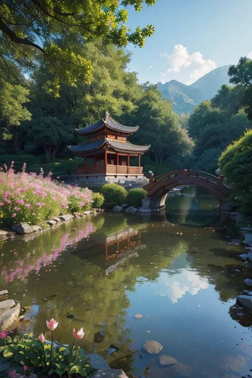 A beautiful detailed peach blossom garden in ancient China, lush peach trees in full bloom, intricate stone bridges, serene ponds with lotus flowers, exquisite traditional Chinese architecture, ancient scholars strolling through the garden, (best quality,4k,8k,highres,masterpiece:1.2),ultra-detailed,(realistic,photorealistic,photo-realistic:1.37),HDR,UHD,studio lighting,ultra-fine painting,sharp focus,physically-based rendering,extreme detail description,professional,vivid colors,bokeh,landscape,intricate details,cinematic lighting,warm color palette