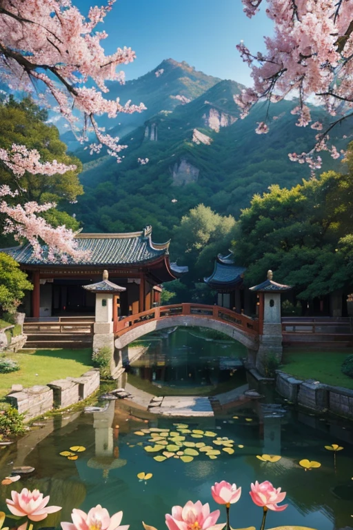 A beautiful detailed peach blossom garden in ancient China, lush peach trees in full bloom, intricate stone bridges, serene ponds with lotus flowers, exquisite traditional Chinese architecture, ancient scholars strolling through the garden, (best quality,4k,8k,highres,masterpiece:1.2),ultra-detailed,(realistic,photorealistic,photo-realistic:1.37),HDR,UHD,studio lighting,ultra-fine painting,sharp focus,physically-based rendering,extreme detail description,professional,vivid colors,bokeh,landscape,intricate details,cinematic lighting,warm color palette