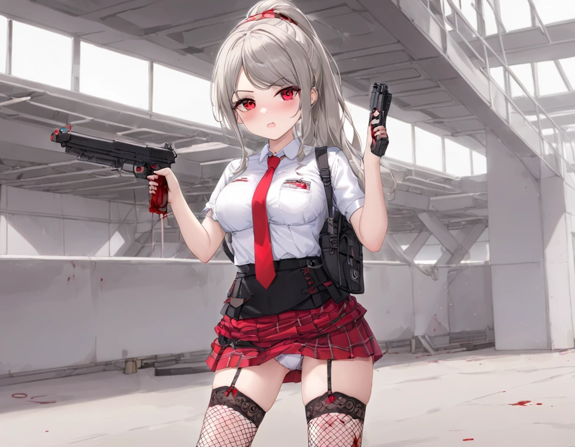 Large amount of fresh red blood、Girl firing a gun、A girl covered in blood. She lifts her skirt with both hands.、Showing off cute white underwear.、Black garter belt、Black rough fishnet stockings、Plain white shirt with red tie、Standing posture、Abandoned Factory