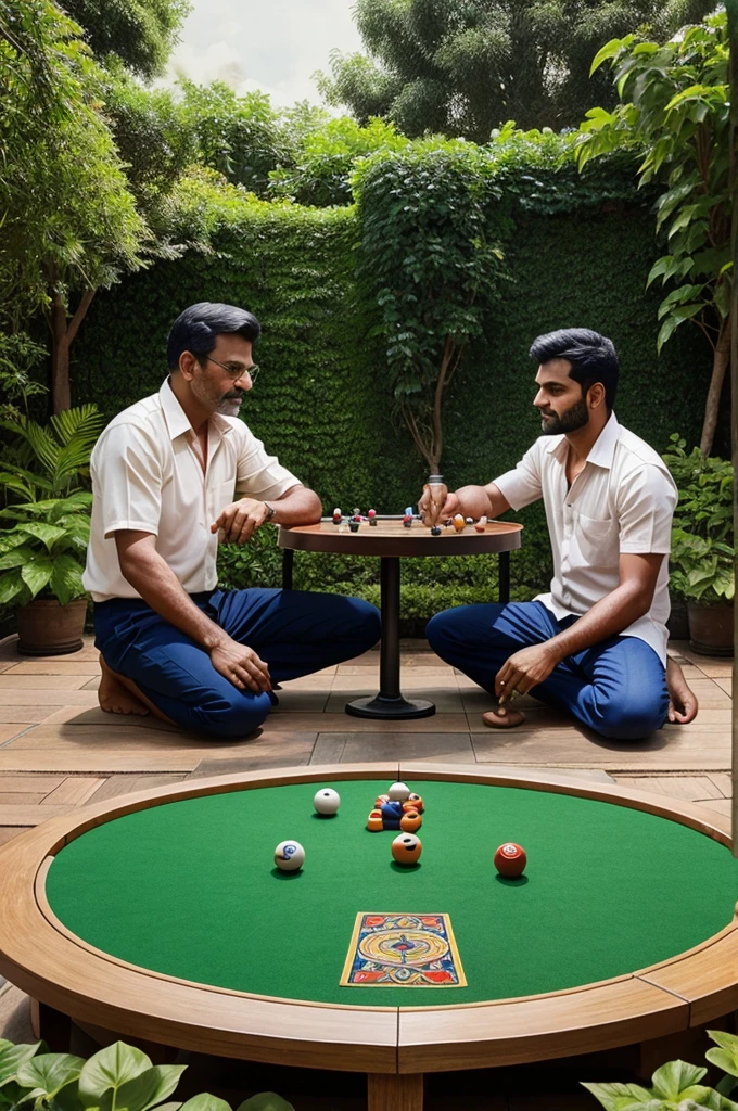 2 guy playing carrom in a garden 