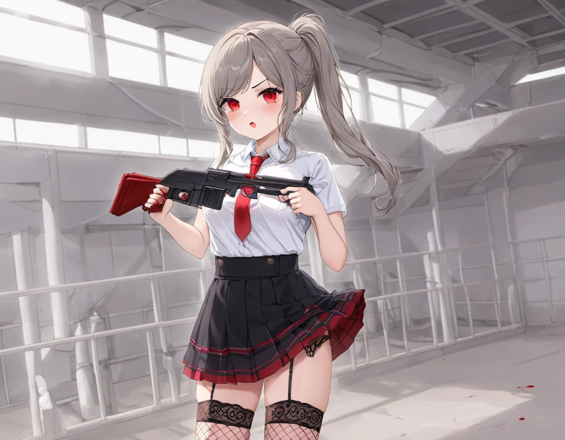 Large amount of fresh red blood、Girl firing a gun、A girl covered in blood. She lifts her skirt with both hands.、Showing off cute white underwear.、Black garter belt、Black rough fishnet stockings、Plain white shirt with red tie、Standing posture、Abandoned Factory