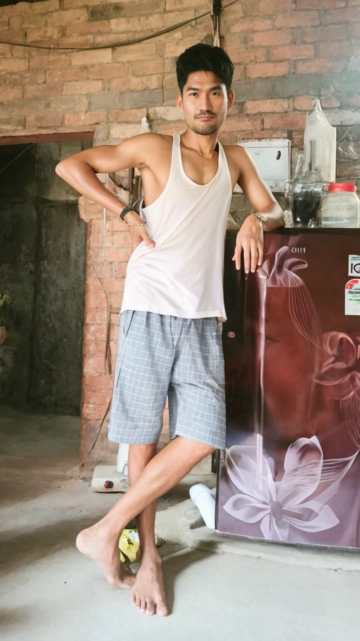 Thai man ,man,He is about 30 years old..,Rough and handsome appearance,large breastsj,Big waistline,buzz cut, angry, sullen, best quality, Masterpiece,(Have muscles:4.5),(best quality,high resolution,Masterpiece:1.2),The eyes are natural and delicate..,1 person,alone,gay asian,muscle,Long legs,brave,short hair details,conjunctivitis ,strong,brown eyes, (outdoor background road :1.5),In the swimming pool,sitting on the side of the road, (White Polo Shirt:1.3),Jeans