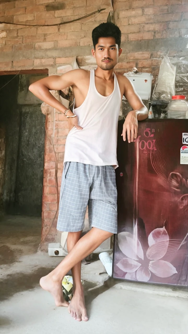 Thai man ,man,He is about 30 years old..,Rough and handsome appearance,large breastsj,Big waistline,buzz cut, angry, sullen, best quality, Masterpiece,(Have muscles:4.5),(best quality,high resolution,Masterpiece:1.2),The eyes are natural and delicate..,1 person,alone,gay asian,muscle,Long legs,brave,short hair details,conjunctivitis ,strong,brown eyes, (outdoor background road :1.5),In the swimming pool,sitting on the side of the road, (White Polo Shirt:1.3),Jeans