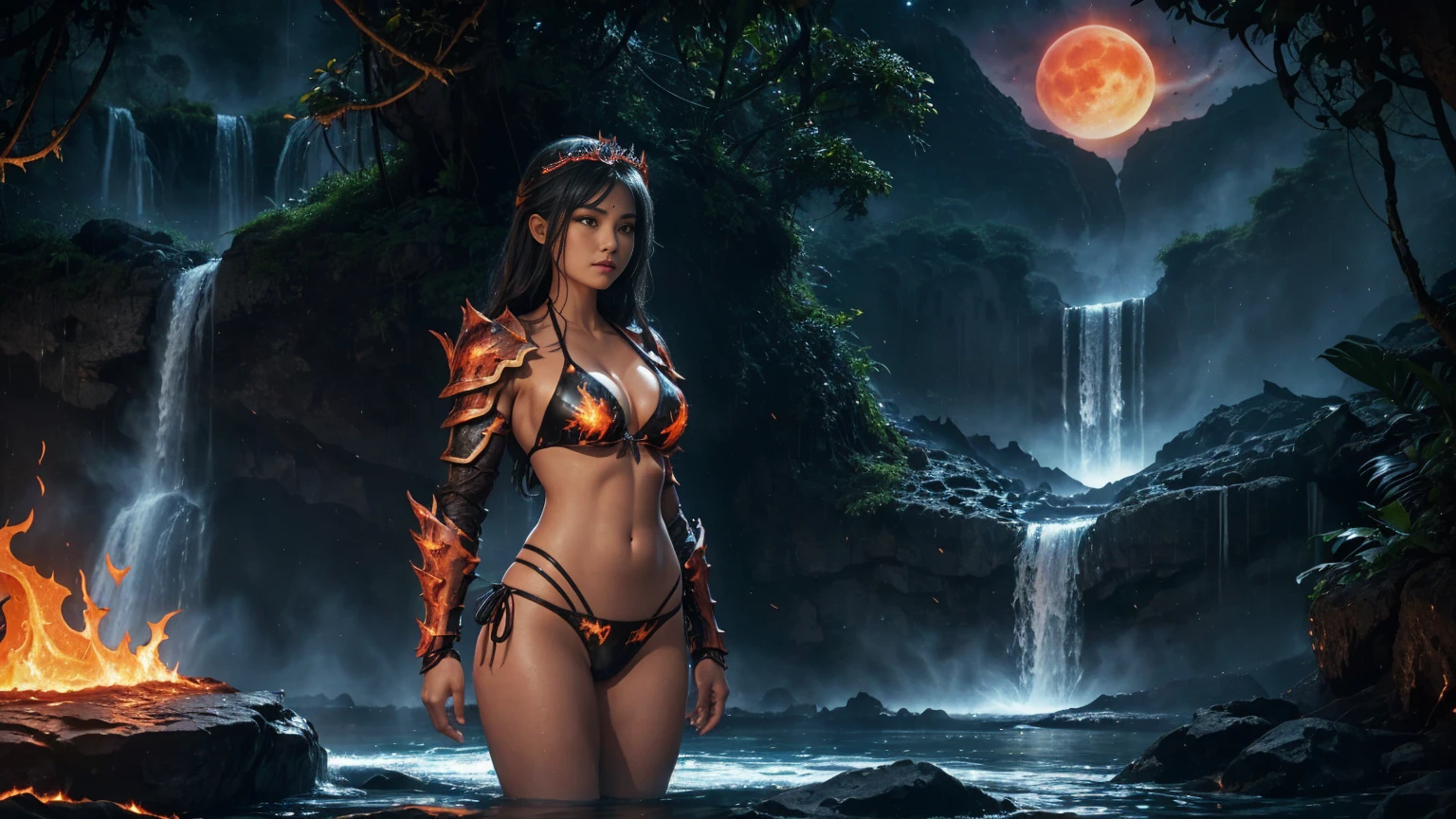 In a (lush jungle:1.3) setting, in the middle of the misty veil formed by (majestic waterfalls:1.3), a sublime warrior girl standing in the water, her gaze piercing directly into the camera lens. The (dark night sky:1.3) above is lit by a (fiery red moon), casting an unearthly glow. A (brazier) projects its glow on the girl. Her perfect physique is highlighted by (beautiful bikini armor:1.5) adorned with (lava and flames:1.3). Her (black tiara), made from (black horns), rests on her long black hair and she wears a sensual smile. The gentle flow of the river creates a calming hum, while the warrior's confidence radiates through the cinematic frame. (Darkness:1.3). (Lava Armor, flames Armor, Big pike armor:1.3)