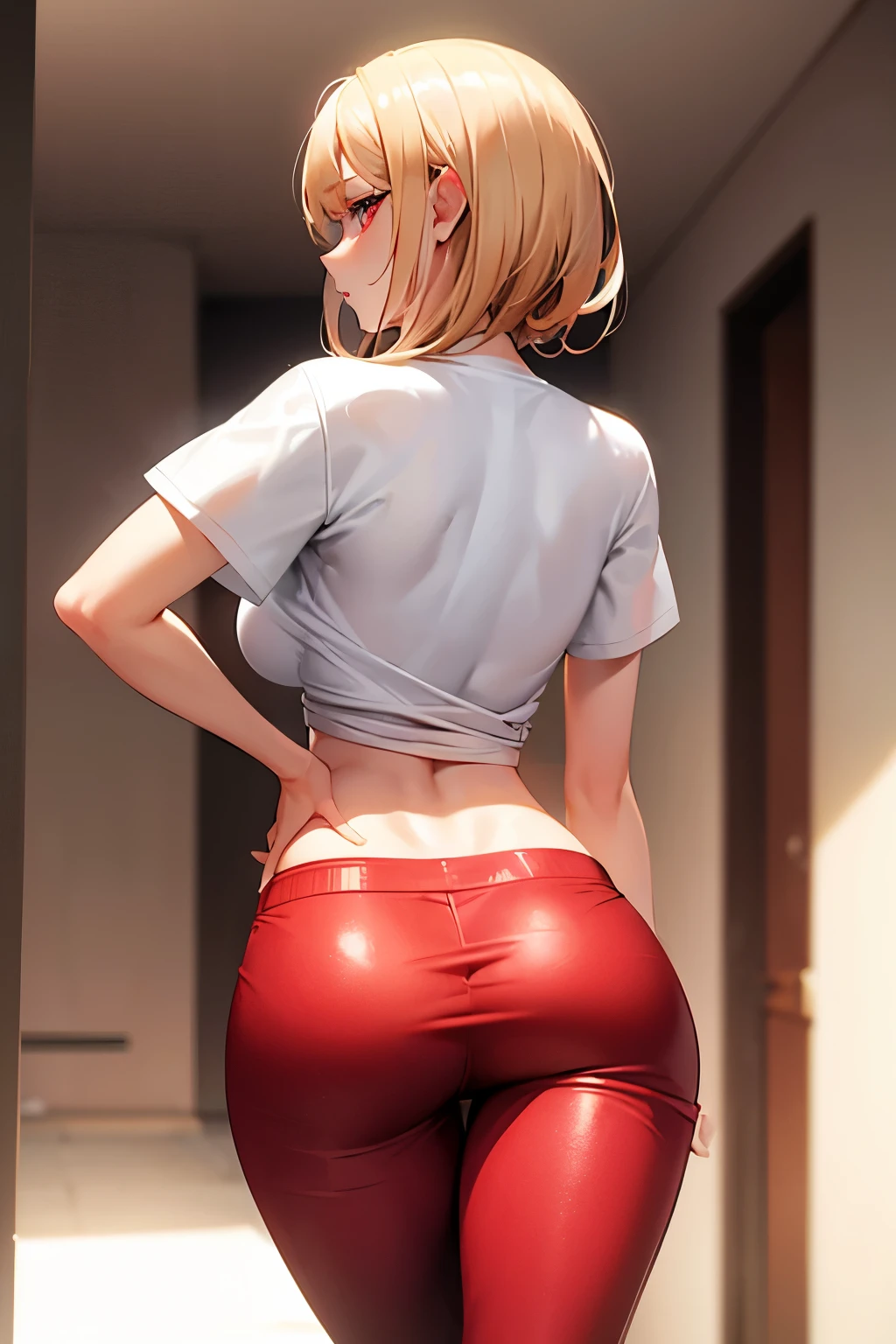 name zoe. 20 year old ager, beautiful angelic face. Red eyes. White skin color. height 1,70, retail physical, large and firm breasts, Short blonde hair. Clothes, T-shirt at the height of the abdomen.. tight red pants. body detail, view from behind, back view, sexy drandes buttocks
