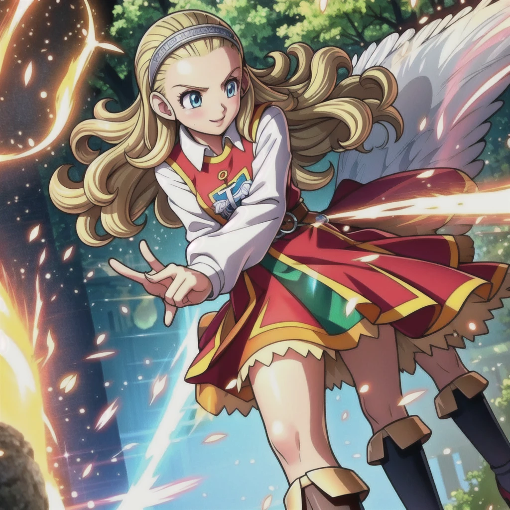 Perfect Biology、DQ10 Anchor, Long Hair, Curly Hair, blonde, blue eyes, amount, hair band, DQ10 Costumes, Red Cape, Long sleeve, Orange Skirt, boots, break (Small breasts), Amar, beautiful, masterpiece, 8K resolution, Highly detailed face, One Girl, beautiful girl, Adult Girl, 20-year-old, Eye highlights, avert your eyes, smile, Lips parted, blush, break (running:1.1), dynamic, Active movement, the wind is strong, Petals flutter, break anime background, Outdoor, in the forest, garden, Gentle sunlight, ,Translucent skirt,Spread your legs,Angle from directly below,Take off your skirt,Jacket only,Translucent slip,underwearの中に手を入れる,underwear見える, underwear, Look under the skirt,The camera is up her skirt, Crotch close-up