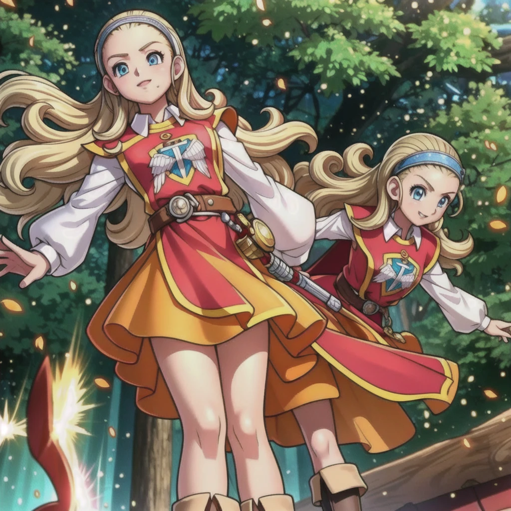 Perfect Biology、DQ10 Anchor, Long Hair, Curly Hair, blonde, blue eyes, amount, hair band, DQ10 Costumes, Red Cape, Long sleeve, Orange Skirt, boots, break (Small breasts), Amar, beautiful, masterpiece, 8K resolution, Highly detailed face, One Girl, beautiful girl, Adult Girl, 20-year-old, Eye highlights, avert your eyes, smile, Lips parted, blush, break (running:1.1), dynamic, Active movement, the wind is strong, Petals flutter, break anime background, Outdoor, in the forest, garden, Gentle sunlight, ,Translucent skirt,Spread your legs,Angle from directly below,Take off your skirt,Jacket only,Translucent slip,underwearの中に手を入れる,underwear見える, underwear, Look under the skirt,The camera is up her skirt, Crotch close-up