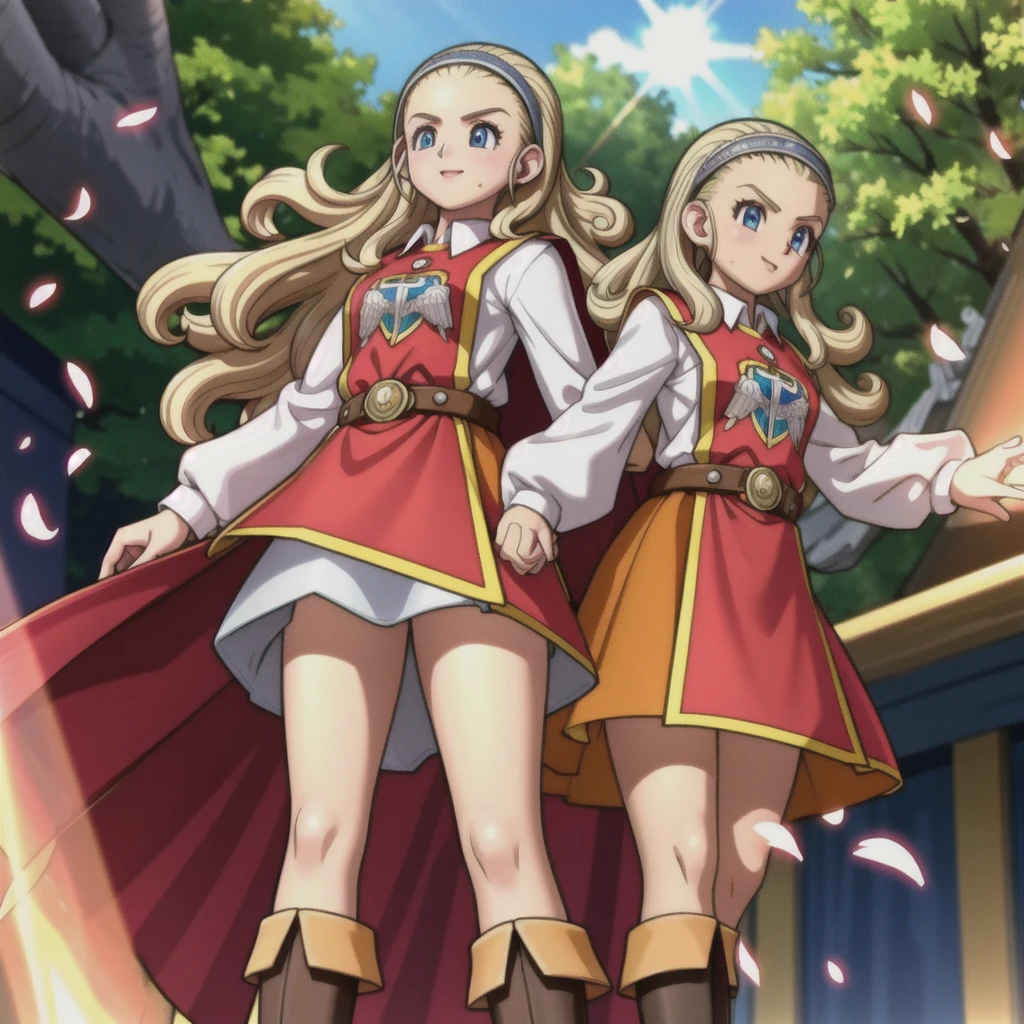 Perfect Biology、DQ10 Anchor, Long Hair, Curly Hair, blonde, blue eyes, amount, hair band, DQ10 Costumes, Red Cape, Long sleeve, Orange Skirt, boots, break (Small breasts), Amar, beautiful, masterpiece, 8K resolution, Highly detailed face, One Girl, beautiful girl, Adult Girl, 20-year-old, Eye highlights, avert your eyes, smile, Lips parted, blush, break (running:1.1), dynamic, Active movement, the wind is strong, Petals flutter, break anime background, Outdoor, in the forest, garden, Gentle sunlight, ,Translucent skirt,Spread your legs,Angle from directly below,Take off your skirt,Jacket only,Translucent slip,underwearの中に手を入れる,underwear見える, underwear, Look under the skirt,The camera is up her skirt, Crotch close-up