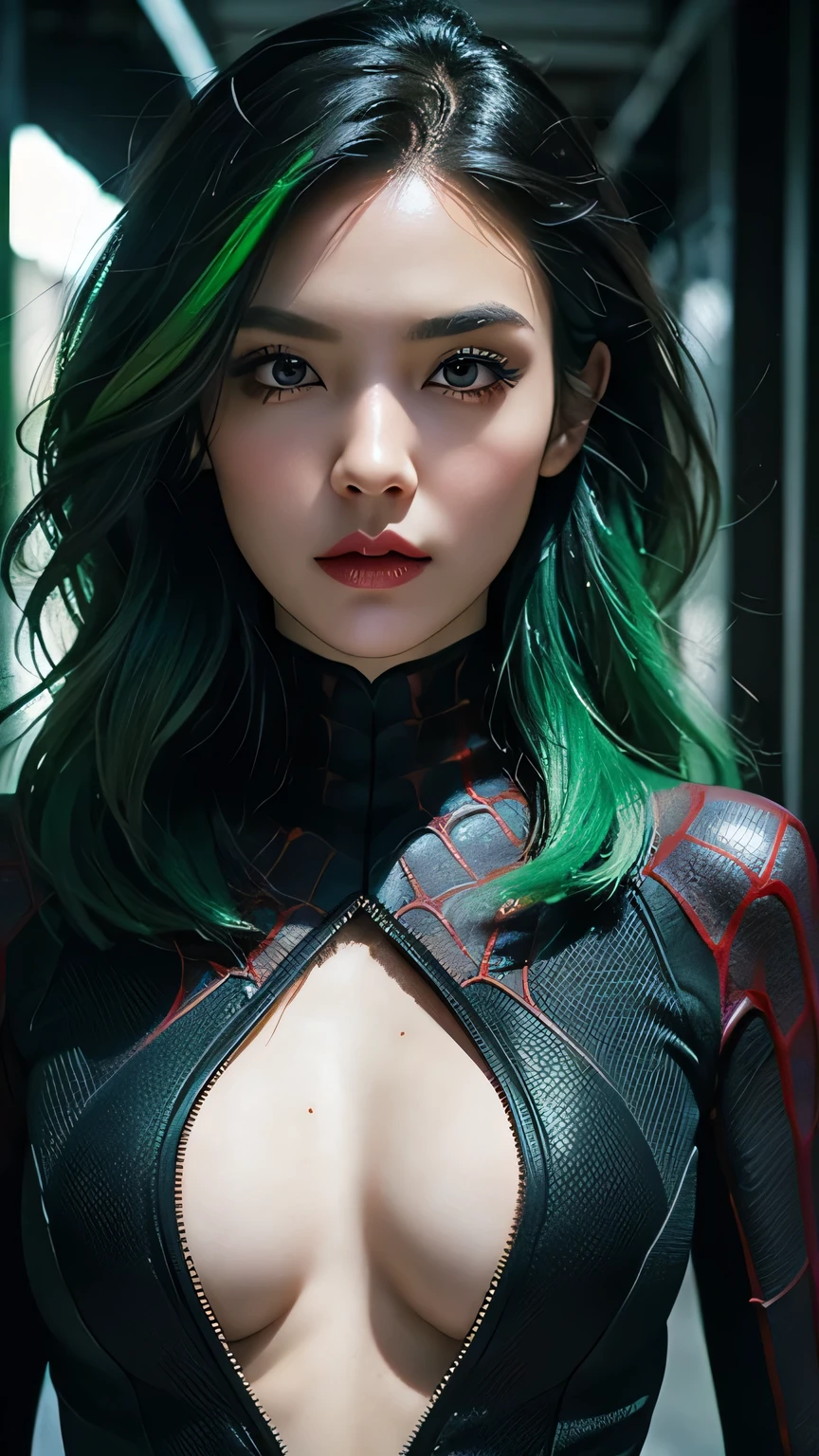 spider-woman, black suit, dangerous, beautiful eyes, green hair, half body, masterpiece, ultra high details, Tokyo city 