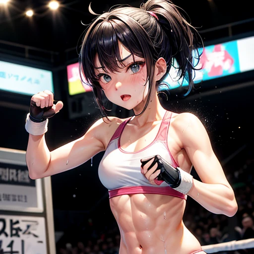 Injured Japanese female high school mixed martial artist during a match in the ring。Short black hair。Glaring at someone。He has his arms out in front of him in a fighting pose.。Rin々A funny expression。Drenched in sweat。A well-trained body。Six Pack Abs。Small breasts。Erect nipples。White and pink sports bra、bikini。Open Finger Gloves。