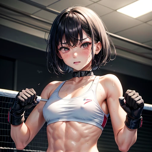 Injured Japanese female high school mixed martial artist during a match in the ring。Short black hair。Glaring at someone。He has his arms out in front of him in a fighting pose.。Rin々A funny expression。Drenched in sweat。A well-trained body。Six Pack Abs。Small breasts。Erect nipples。White and pink sports bra、bikini。Open Finger Gloves。