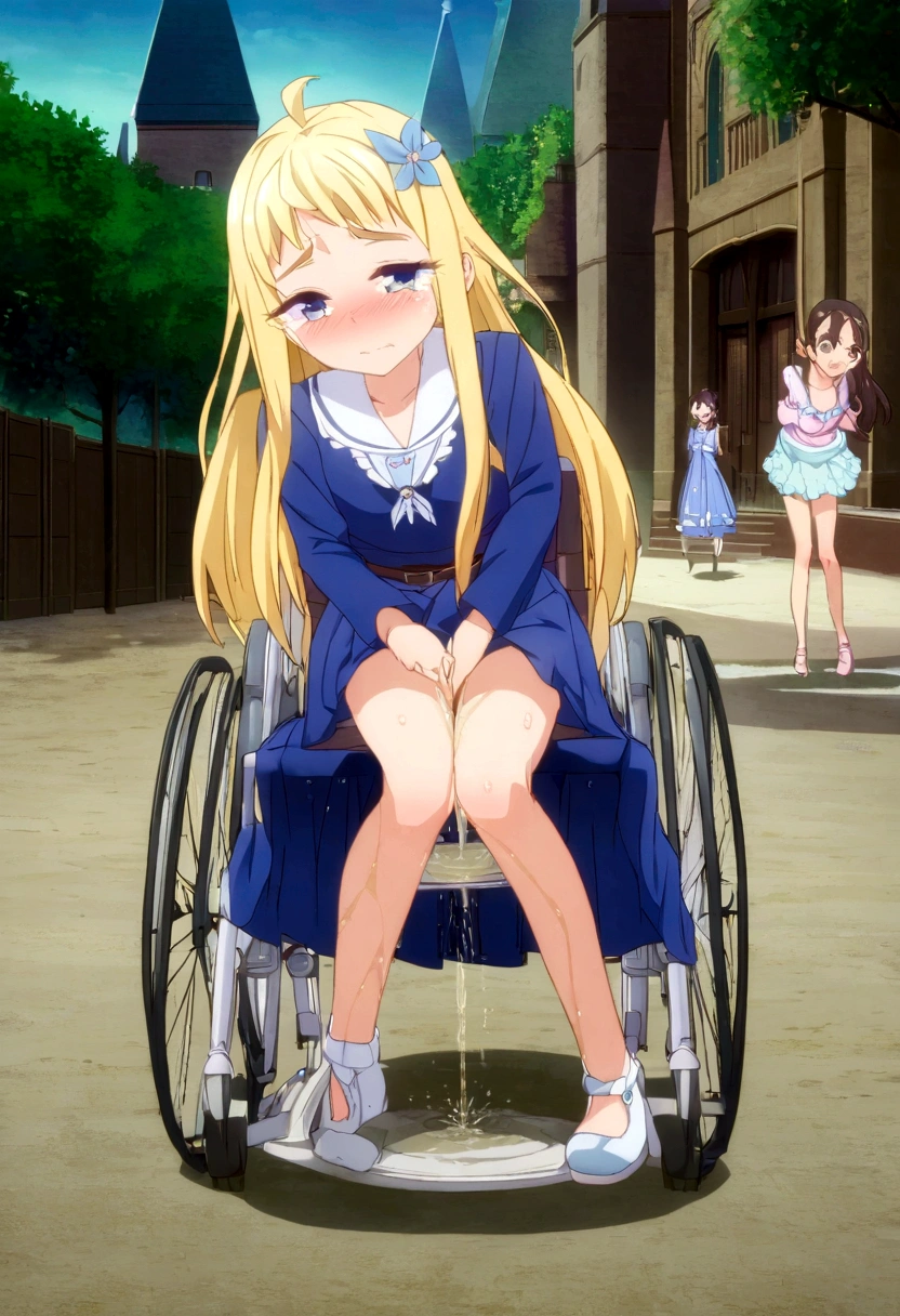 Anime. 1 girl. . . Baby. Princess. Blonde. Long hair. Blue eyes. Beautiful eyes. Perfect eyes. Expressive eyes. Eyes covered with a faded film. Blind eyes. Blind. Ideal face. Ideal anatomical body. Beautiful long legs. Beautiful body. Beautiful nose. ************. Embarrassment. Blush. Beautiful character design. Shiny skin. Light white dress. Shoes. Hair decorations. Disabled person. Paralytic. Sitting. Wheelchair. Hands on crotch. Urinary incontinence. Wants to pee. She needs to pee. She has a strong, desperate urge to pee. He squeezes his crotch tightly. Rubs copper. Slight lean forward. She peed herself. Fantasy city. A park. Date. At the entrance to a public toilet. He takes off his wet panties. Tears in my eyes. Cry. Snot flows from the nose. Full body. nsfw. Official art. Extremely detailed CG Unity 8k wallpaper. Ideal lighting. Ultra high resolution 4K. Super detailed 8K. A high resolution.