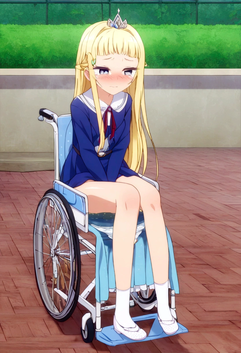 Anime. 1 girl. Baby. Princess. Blonde. Long hair. Blue eyes. Beautiful eyes. Perfect eyes. Expressive eyes. Eyes covered with a faded film. Blind eyes. Blind. Ideal face. Ideal anatomical body. Beautiful long legs. Beautiful body. Beautiful nose. 12 years old. Embarrassment. Blush. Beautiful character design. Shiny skin. Light white dress. Shoes. Hair decorations. Disabled person. Paralytic. Sitting. Wheelchair. Hands on crotch. Urinary incontinence. Wants to pee. She needs to pee. She has a strong, desperate urge to pee. He squeezes his crotch tightly. Rubs copper. Slight lean forward. She peed herself. Fantasy city. A park. Date. He takes off his wet panties. Tears in my eyes. Cry. Snot flows from the nose. Full body. nsfw. Official art. Extremely detailed CG Unity 8k wallpaper. Ideal lighting. Ultra high resolution 4K. Super detailed 8K. A high resolution.