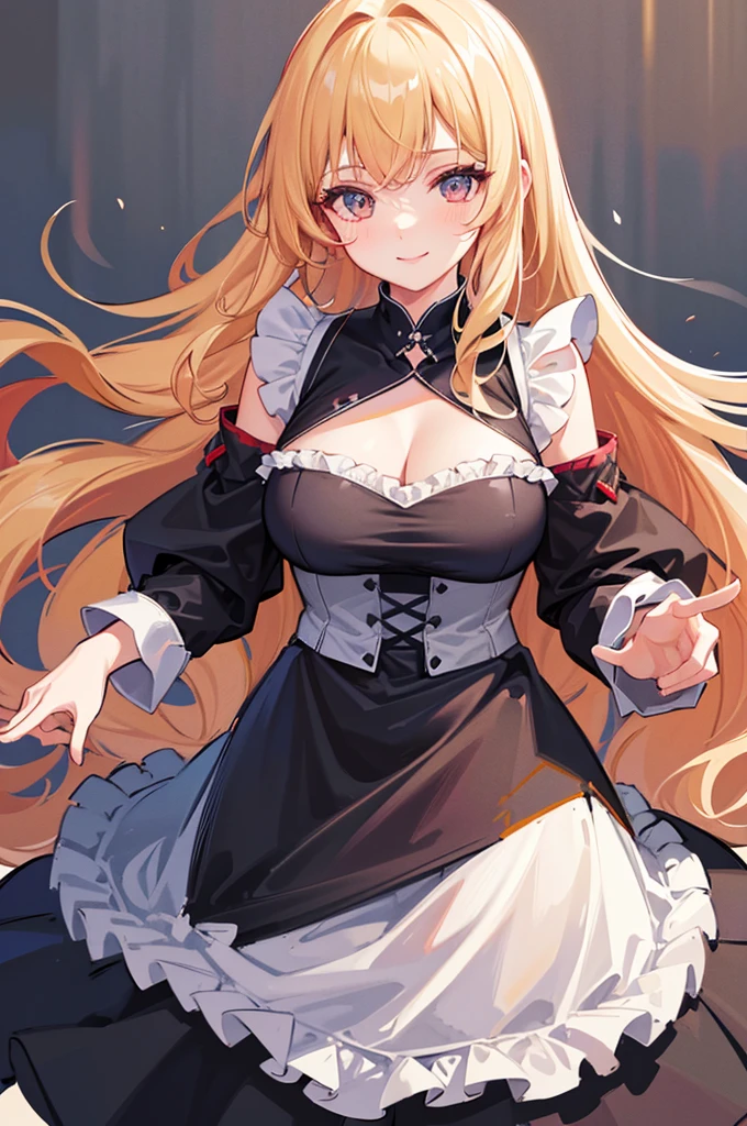 best quality, extremely detailed,anime style girl,((wavy)) long hair,((((blunt bangs)))),(hair between eyes),bright blond hair,beautiful detailed eyes,Orange eyes,Sharp eyes with many eyelashes,huge breasts,fantasy black costumes,blouse,trousers,hair ornament,Luxurious room,cool expression,