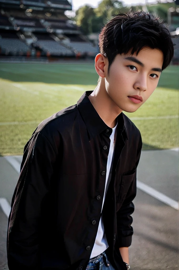 young asian man looking at camera In a black button-down shirt , Marketside, sunlight, looking at the football field