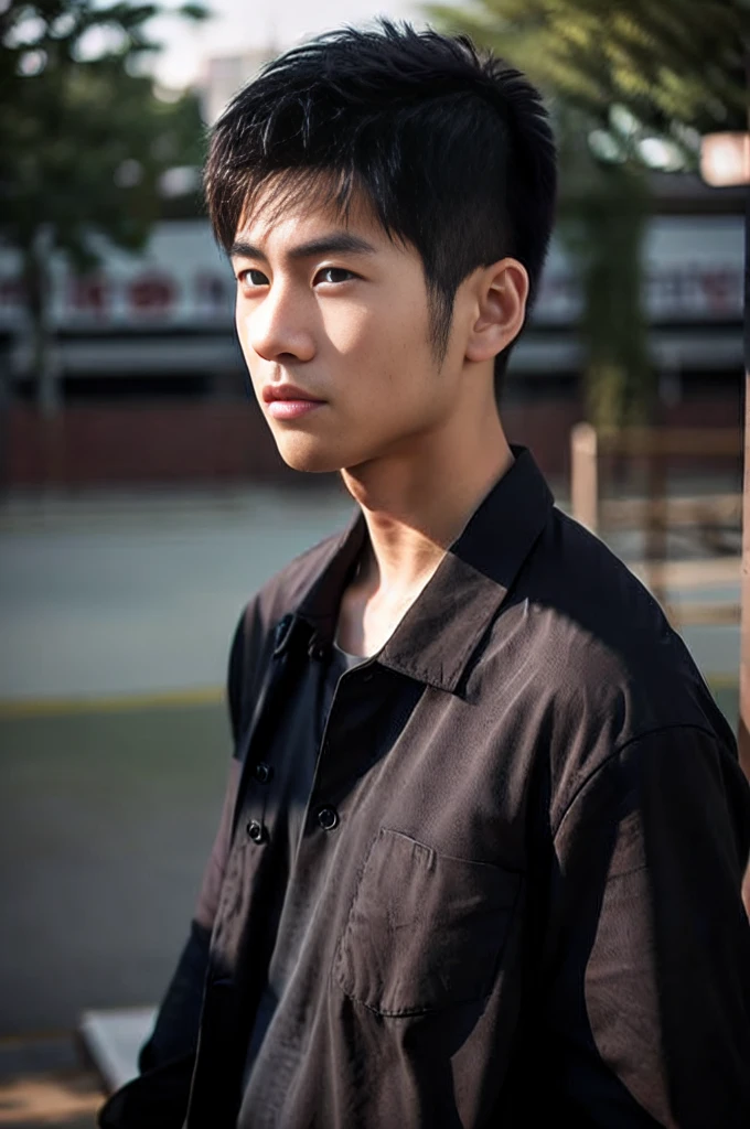 young asian man looking at camera In a black button-down shirt , Marketside, sunlight, looking at the football field