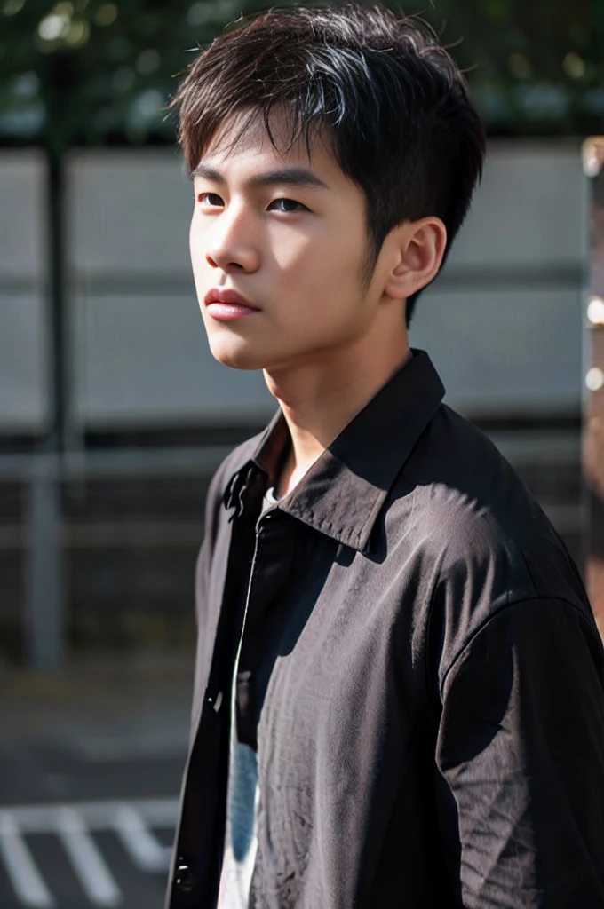 young asian man looking at camera In a black button-down shirt , Marketside, sunlight, looking at the football field