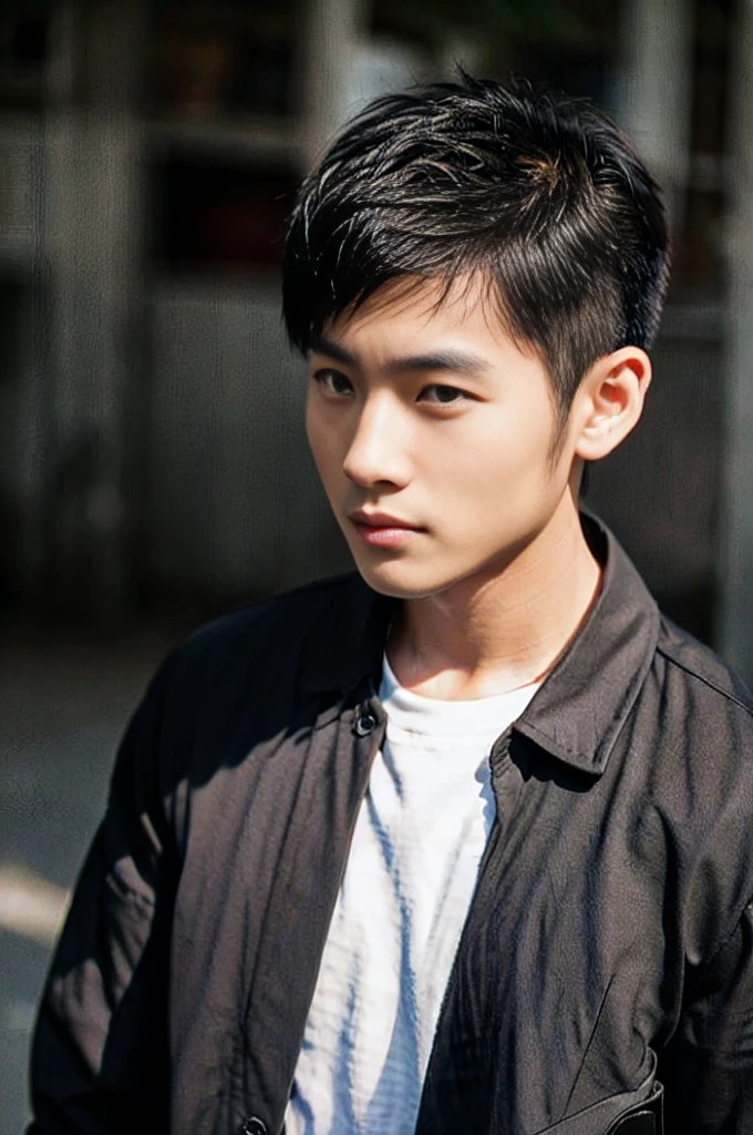 young asian man looking at camera In a black button-down shirt , Marketside, sunlight, looking at the football field