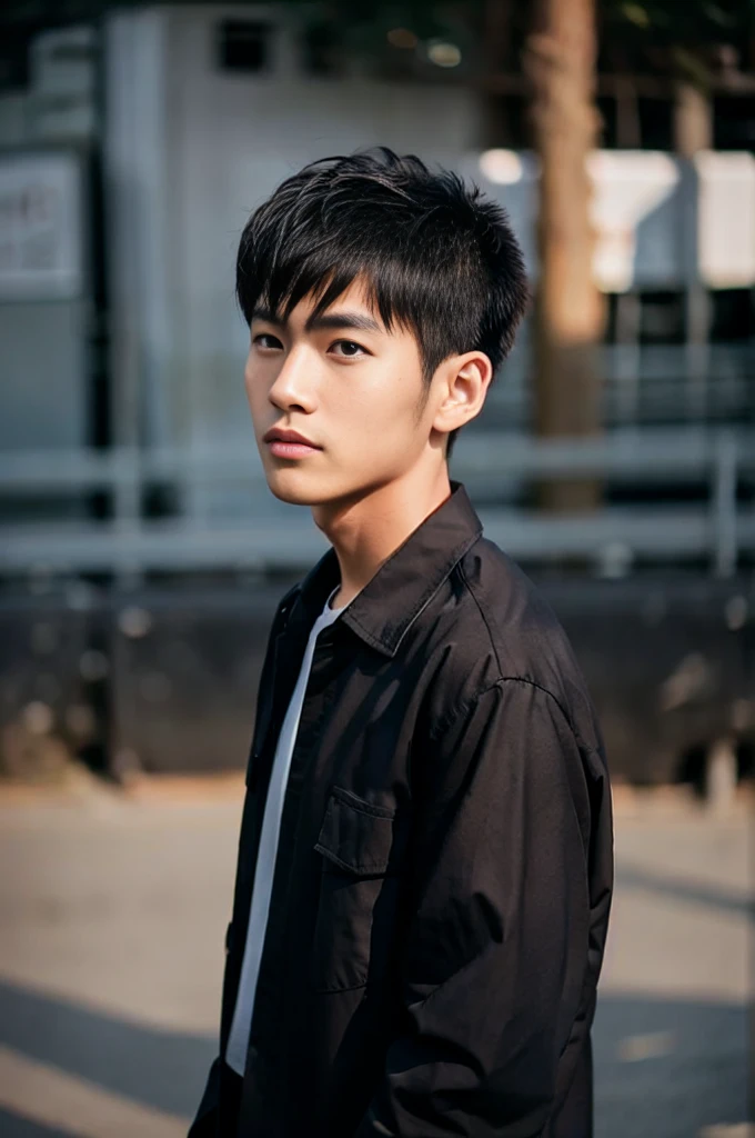 young asian man looking at camera In a black button-down shirt , Marketside, sunlight, looking at the football field