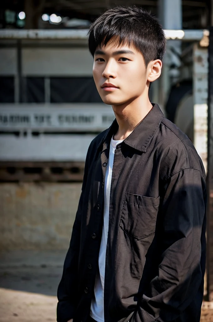 young asian man looking at camera In a black button-down shirt , Marketside, sunlight, looking at the football field