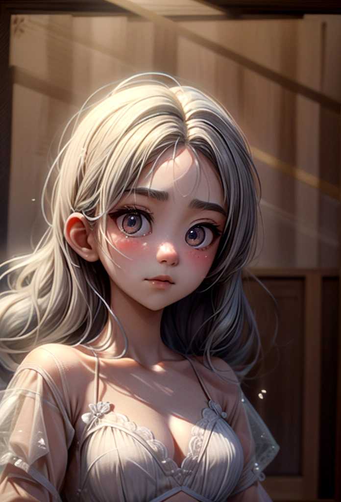 A close-up shot captures Mikuo's defiant gaze, her eyes burning with determination as she lies defeated on the dusty arena floor. The worn, wooden boards seem to fade into the background as her resolute expression takes center stage. A hint of sweat glistens on her forehead, and a faint smudge of dirt mars her cheek. The lighting is dim, with only a few scattered rays of sunlight peeking through the ring's canvas top, casting an air of desperation.