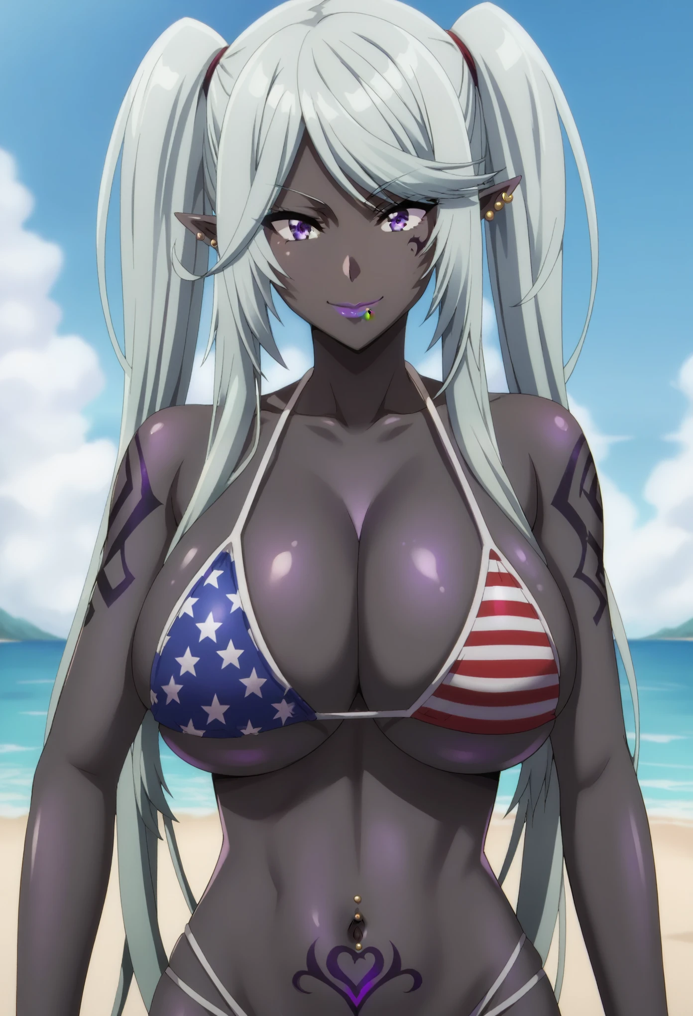 masterpiece, score_9, score_8_up, score_7_up, BREAK source_anime, best quality, extremely detailed, 1girl, solo, (colored skin, black skin:1.8), shadowepsilon, epsilon (large breasts:1.8), ((((grey hair), long hair, purple eyes, twintails, pointy ears))), purple lips, (((tattoos, piercings, american flag print bikini))), ((naughty smile), closed mouth), ((beach))