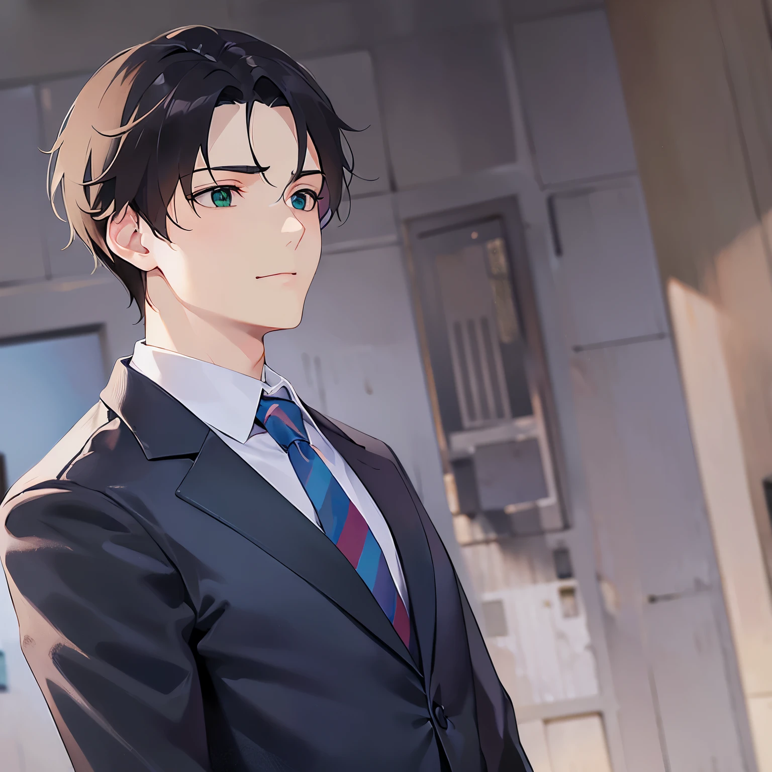 upper body, side angle、(looking away:1.5), side angle, shiny skin、masterpiece、Highest quality、(25-year-old male:1.5) and (Brown short hair) and (Green Eyes), (Wearing a suit:1.3) and (Blue tie)、Are standing、smile、The background is a city of buildings、(Alone:1.5)、
