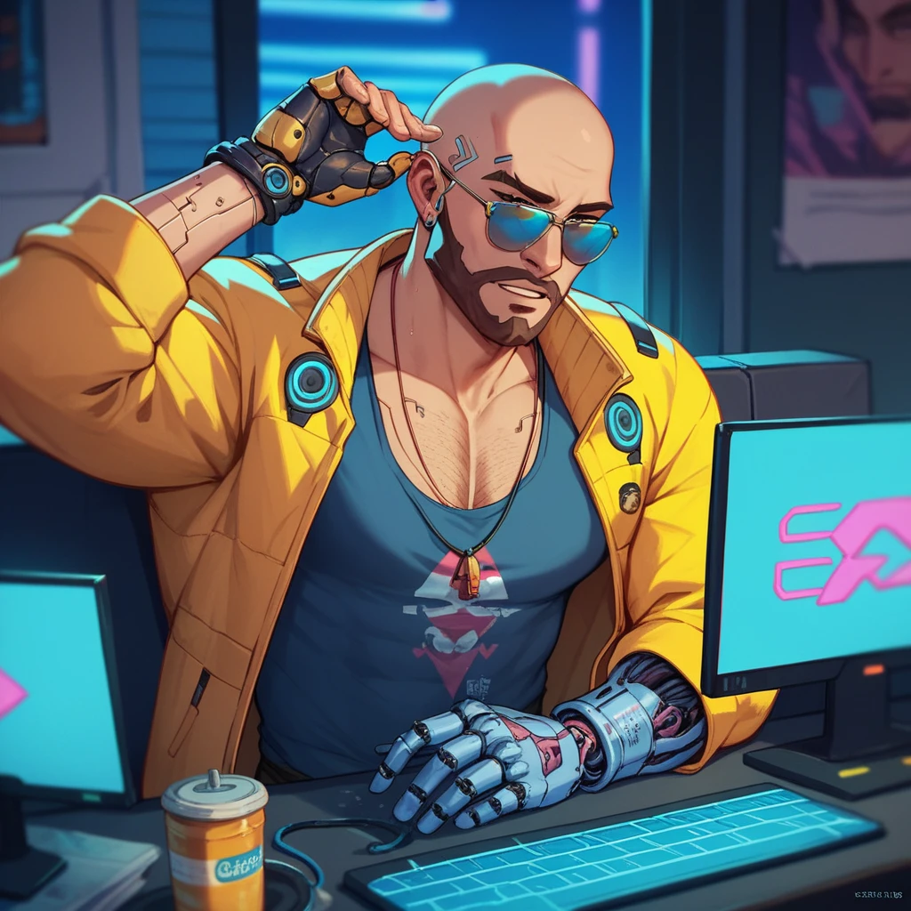 A bald guy with a brown beard, athletic body, wearing yellow jacket with blue neon, sunglasses, robotic arm implants, connected ends, in his bedroom, using a computer to hack, sci fi environment, night-time, cyberpunk style, POV view