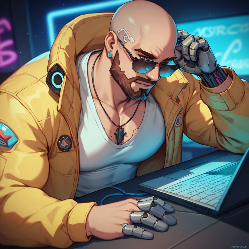 A bald guy with a brown beard, athletic body, wearing yellow jacket with blue neon, sunglasses, robotic arm implants, connected ends, in his bedroom, using a computer to hack, sci fi environment, night-time, cyberpunk style, POV view