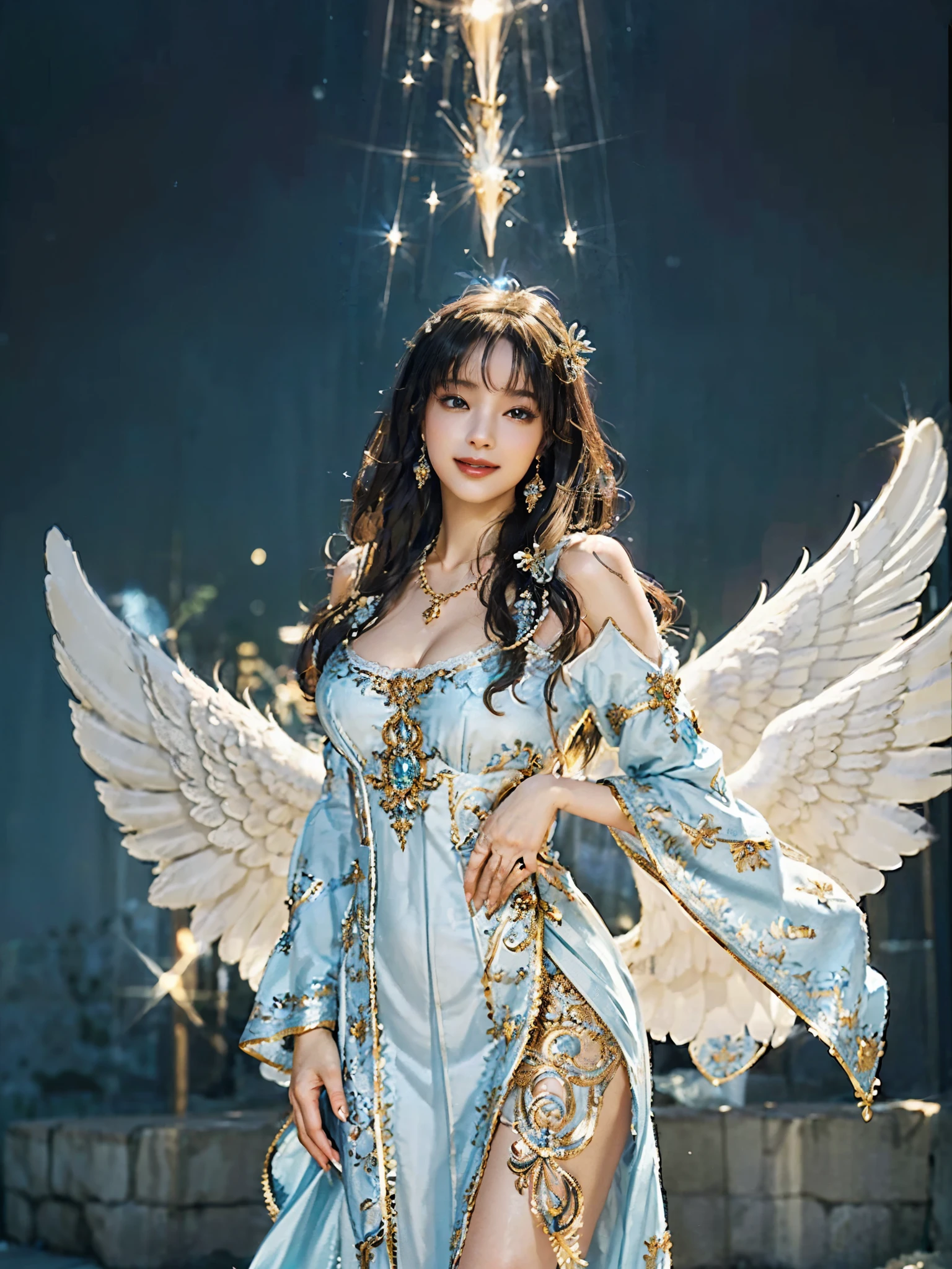 ((Very beautiful angel queen,The final form as a perfect angel, the masterpiece of an angel,Huge and intricate angel wings,The most dignified wings,Golden light,shining background,The most opulent and holy temple background,White and gold temple background,King of Angels, The most dignified angel, ((extremely detailed beautiful dresses)), (Intricate and solemn dresses, Light blue and gold embellishment dress on white, Light blue and gold dress on white base), (The most intricate and beautiful dresses, dresses decorated with some expensive jewels), ((extremely detailed gorgeous jeweled necklace)), Complex and majestic angel figure, The most intricately depicted figure of an angel, The World's Most Beautiful, Unimaginable beauties, (slim figure, attractive body shape, divine atmosphere), (smooth thin hair very fluttering in the wind, shiny hair), Intricate reproduction of the perfect angelic detail, The figure of an unimaginably gorgeous angel, The figure of an unimaginably huge angel)),((Most beautiful face, Half Japan and half Spanish, The biggest happy smile, The most luxurious and intricate dresses, The biggest smile looking at the camera)), Beautiful firm cleavage, beautiful clavicle, (Beautiful firm medium breasts), (Elegant standing figure, Fold your hands in front of your navel,)),Chest that seems to burst, Giant wings of angels, The background is the appearance of a perfect angel castle,Masterpiece,8K,very intricate, ultra detailliart, captivating and visually stunning piece of fractal art featuring, created by a renowned artist, vibrant colors. Formal artistic quality with strong aesthetic appeal.