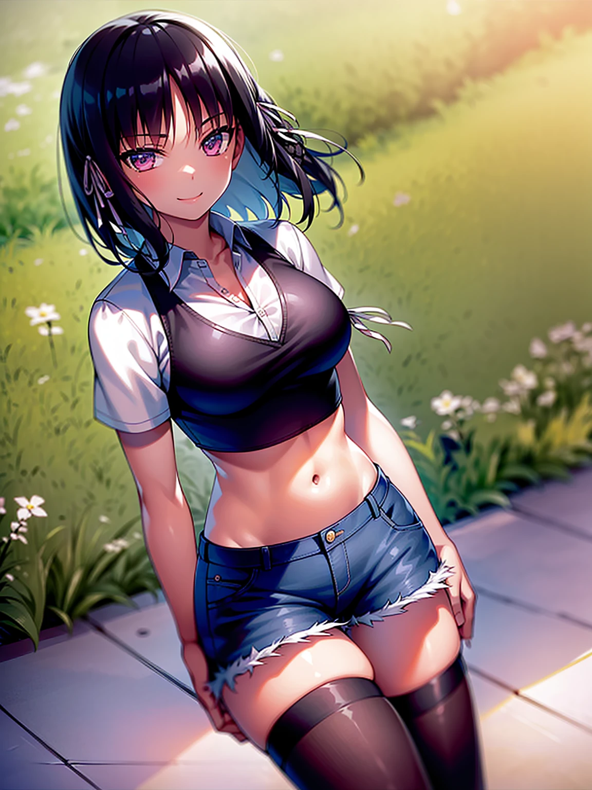 (8K, Highest quality, Highest quality, masterpiece), standing, 1girl, solo, cowboy shot, aasuzune, short hair, black hair, (single braid:1.2), hair ribbon, crop top, black thighhighs, smile, Denim short shorts, school, outdoors, large breasts, cleavage