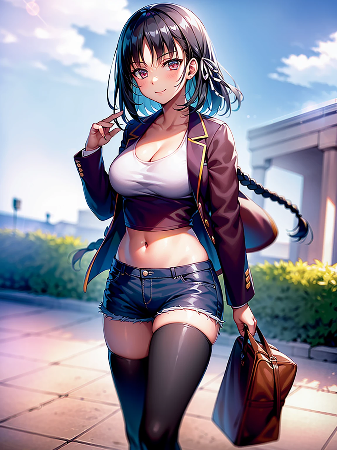 (8K, Highest quality, Highest quality, masterpiece), standing, 1girl, solo, cowboy shot, aasuzune, short hair, black hair, (single braid:1.2), hair ribbon, crop top, black thighhighs, smile, Denim short shorts, school, outdoors, large breasts, cleavage