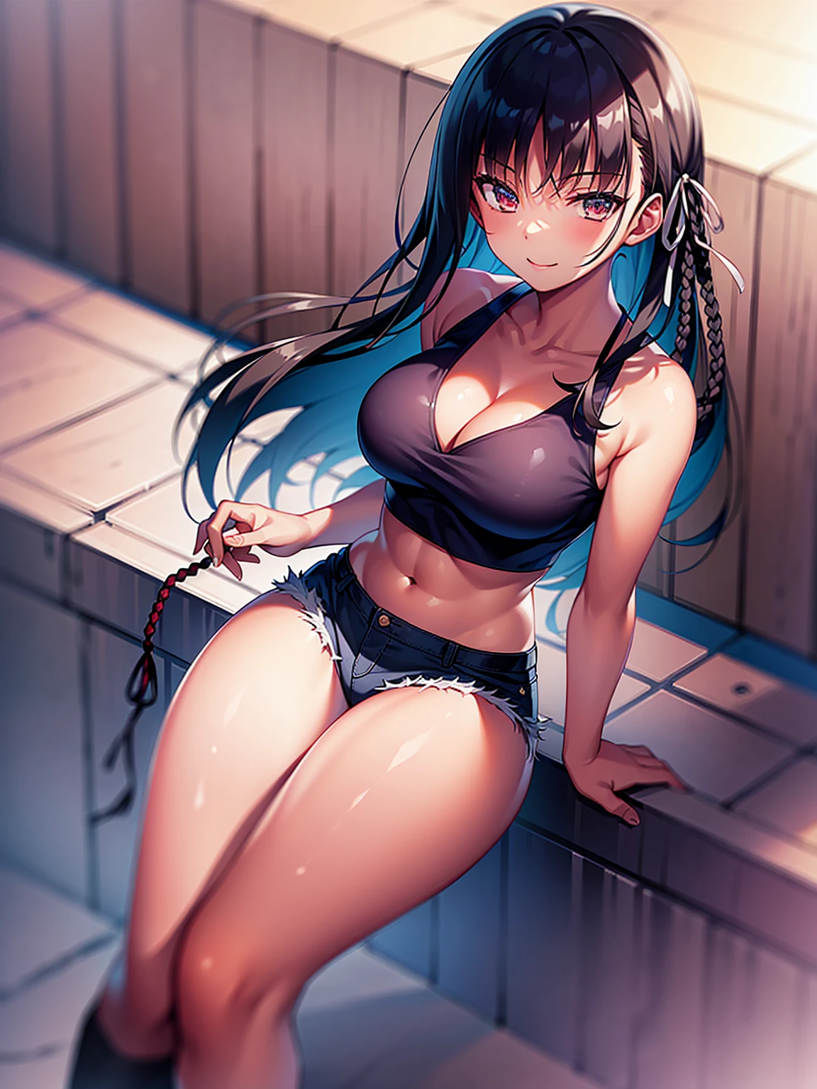 (8K, Highest quality, Highest quality, masterpiece), standing, 1girl, solo, cowboy shot, aasuzune, short hair, black hair, (single braid:1.2), hair ribbon, crop top, black thighhighs, smile, Denim short shorts, school, outdoors, large breasts, cleavage