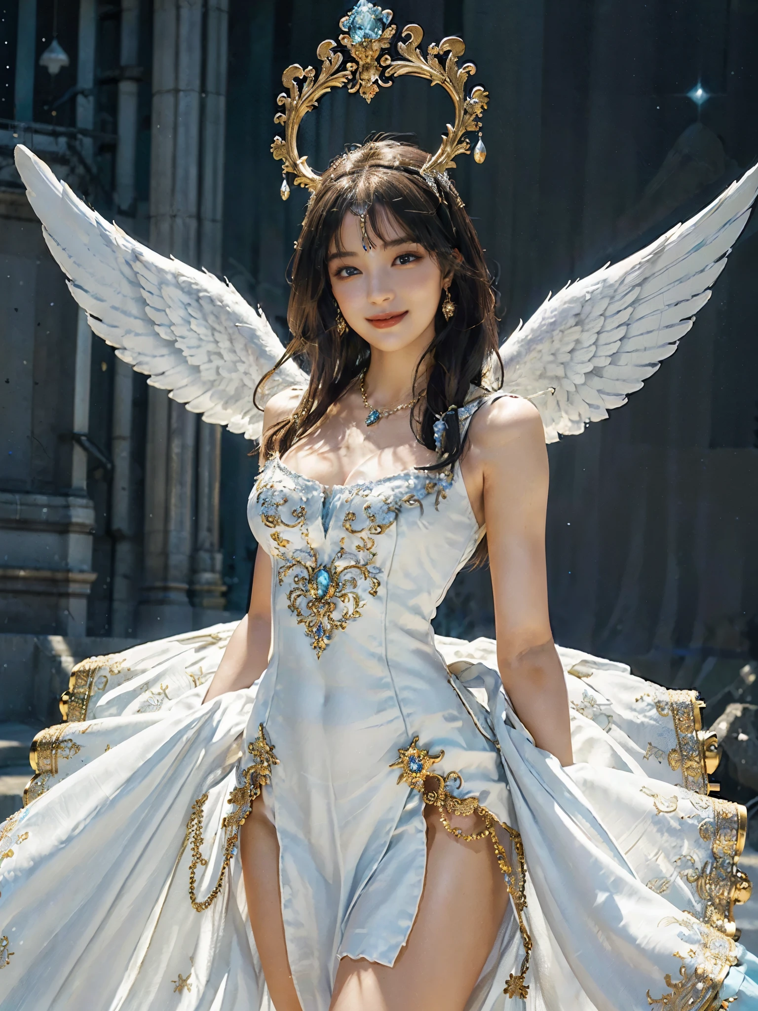 ((Very beautiful angel queen,The final form as a perfect angel, the masterpiece of an angel,Huge and intricate angel wings,The most dignified wings,Golden light,shining background,The most opulent and holy temple background,White and gold temple background,King of Angels, The most dignified angel, ((extremely detailed beautiful dresses)), (Intricate and solemn dresses, Light blue and gold embellishment dress on white, Light blue and gold dress on white base), (The most intricate and beautiful dresses, dresses decorated with some expensive jewels), ((extremely detailed gorgeous jeweled necklace)), Complex and majestic angel figure, The most intricately depicted figure of an angel, The World's Most Beautiful, Unimaginable beauties, (slim figure, attractive body shape, divine atmosphere), (smooth thin hair very fluttering in the wind, shiny hair), Intricate reproduction of the perfect angelic detail, The figure of an unimaginably gorgeous angel, The figure of an unimaginably huge angel)),((Most beautiful face, Half Japan and half Spanish, The biggest happy smile, The most luxurious and intricate dresses, The biggest smile looking at the camera)), Beautiful firm cleavage, beautiful clavicle, (Beautiful firm medium breasts), (Elegant standing figure, Fold your hands in front of your navel,)),Chest that seems to burst, Giant wings of angels, The background is the appearance of a perfect angel castle,Masterpiece,8K,very intricate, ultra detailliart, captivating and visually stunning piece of fractal art featuring, created by a renowned artist, vibrant colors. Formal artistic quality with strong aesthetic appeal.