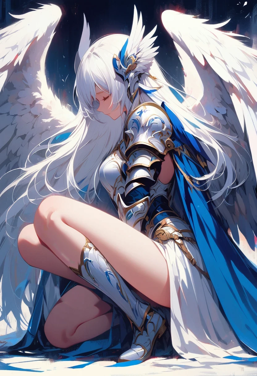 1girl angel angel_wings armor feathers_Long wing feathers_Hair Shoulder Armor Shoulder_Armor single piece_Upper wing separation_The body is white_Theme blue_Wings Wings