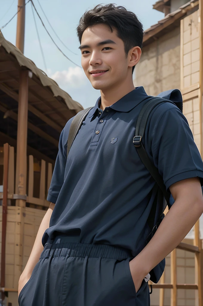 Young man in a navy blue polo shirt Standing at the edge of the market with a smile on his face, looking into the distance Turn your head slightly.，Cloudy day, (Backpack:1.2)