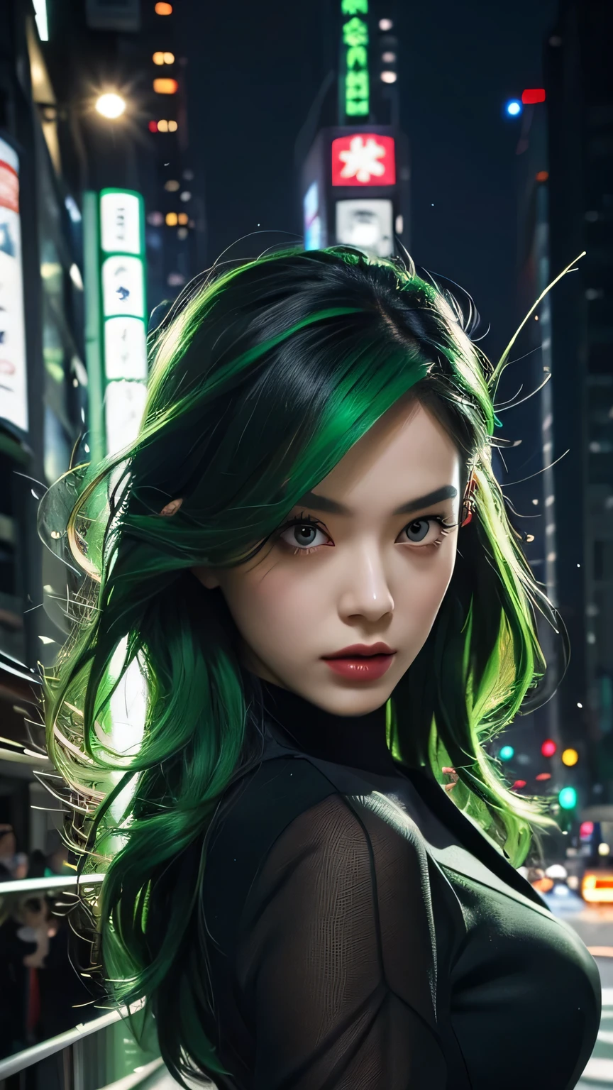 spider-woman, black suit, dangerous, beautiful eyes, green hair, half body, masterpiece, ultra high details, Tokyo city