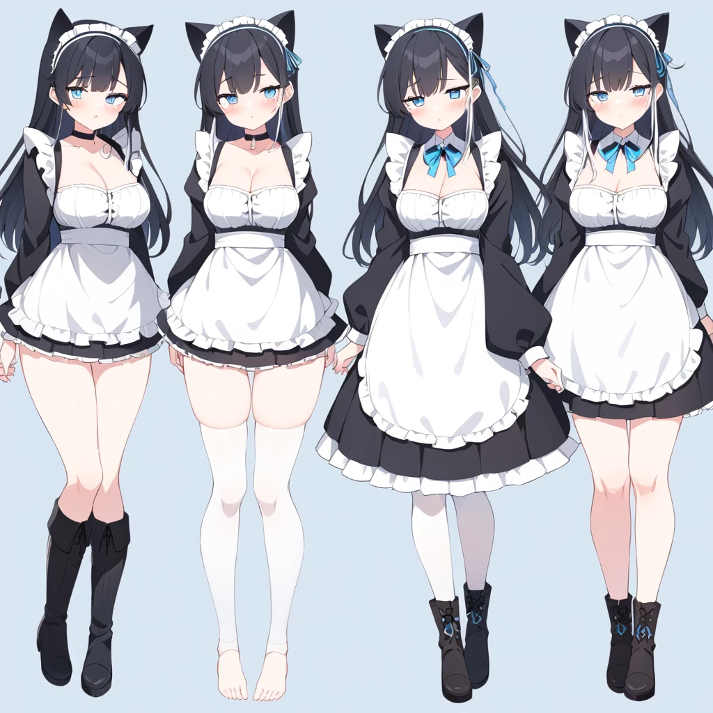 game、Dark fantasy、adultの女性のメイド、cool、A maid outfit with a black base、The background is all white、three views、Full body view、barefoot、White tights with runs、Five fingers、Blue sparkling eyes、Lots of frills、Long black hair、Blue gradation in hair、メイド服にgorgeousな白い刺繍、Maid Headband、The upper chest is visible、Confused eyes、Cold feeling、Modern style、Black choker around the neck、dagger、masterpeace,perfect anatomy,Long sleeve black frill、Selllook、Anime Style、Huge black and white blue string ribbon、Black boots、Cat ear、Absolute area、Plump thighs、Frilled Skirt、Tsundere、blush、adult、gorgeous