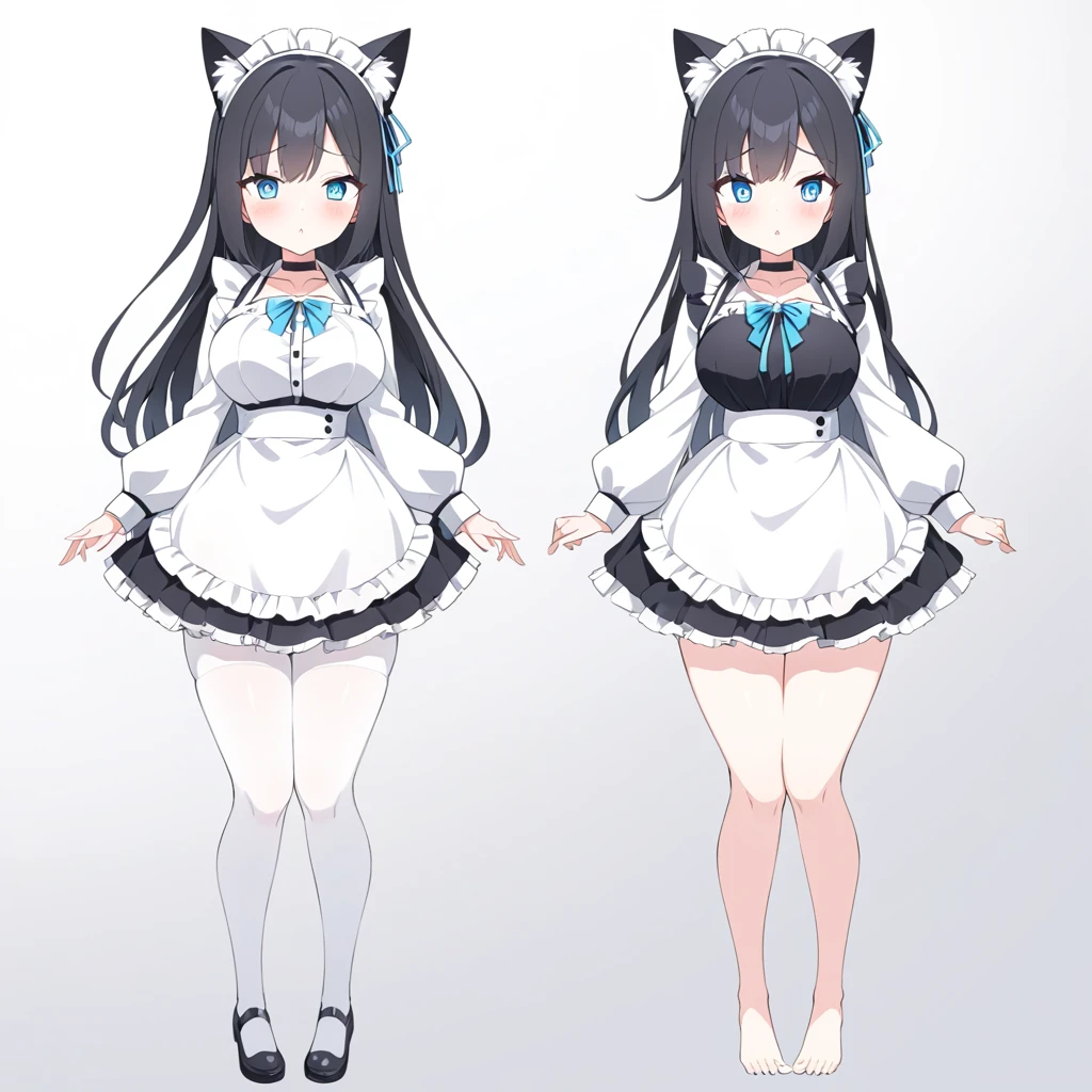 game、Dark fantasy、adultの女性のメイド、cool、A maid outfit with a black base、The background is all white、three views、Full body view、barefoot、White tights with runs、Five fingers、Blue sparkling eyes、Lots of frills、Long black hair、Blue gradation in hair、メイド服にgorgeousな白い刺繍、Maid Headband、The upper chest is visible、Confused eyes、Cold feeling、Modern style、Black choker around the neck、dagger、masterpeace,perfect anatomy,Long sleeve black frill、Selllook、Anime Style、Huge black and white blue string ribbon、Black boots、Cat ear、Absolute area、Plump thighs、Frilled Skirt、Tsundere、blush、adult、gorgeous